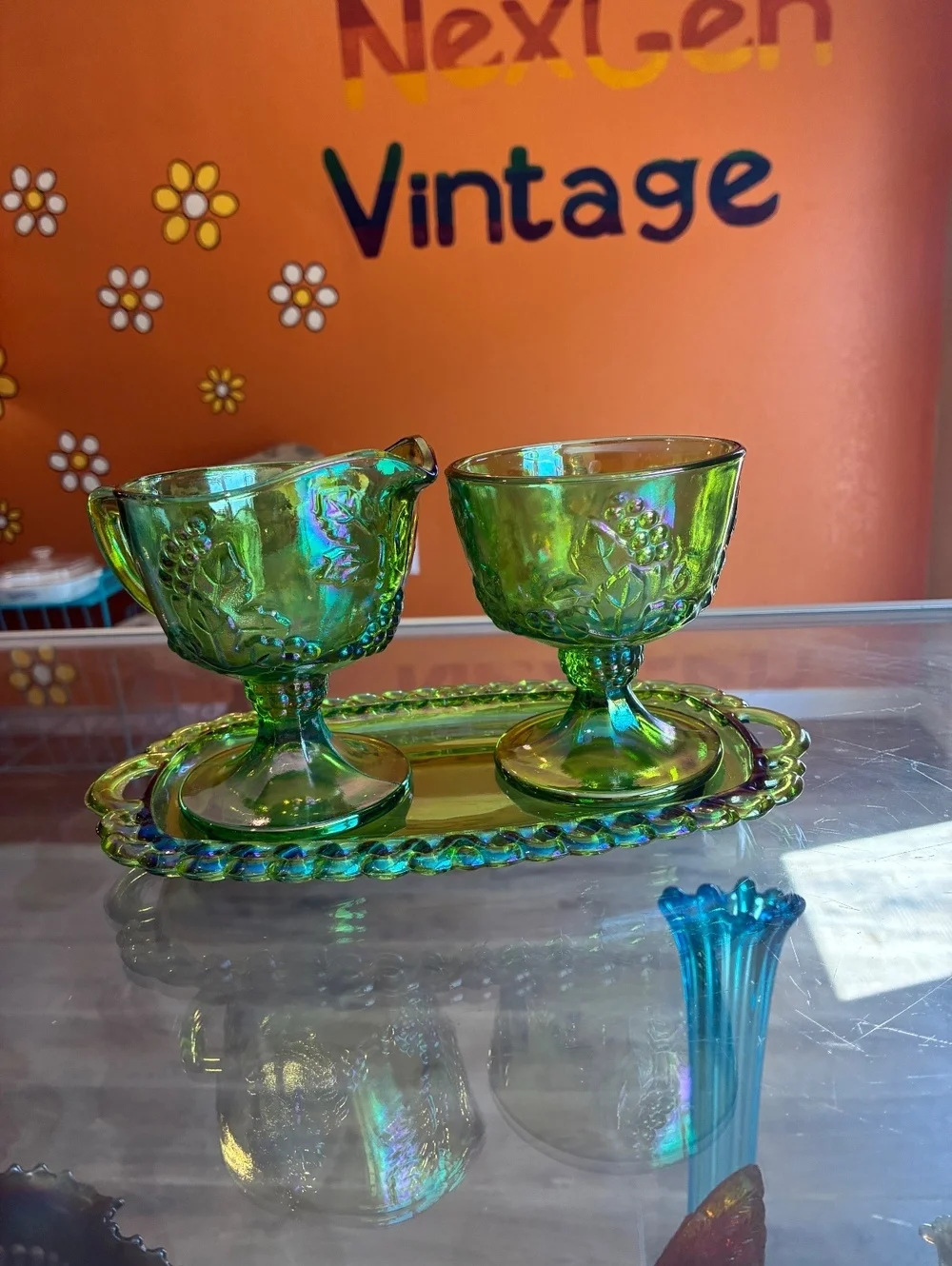 Indiana Glass Harvest Grape Lime Green Carnival Cream Sugar Tray Set